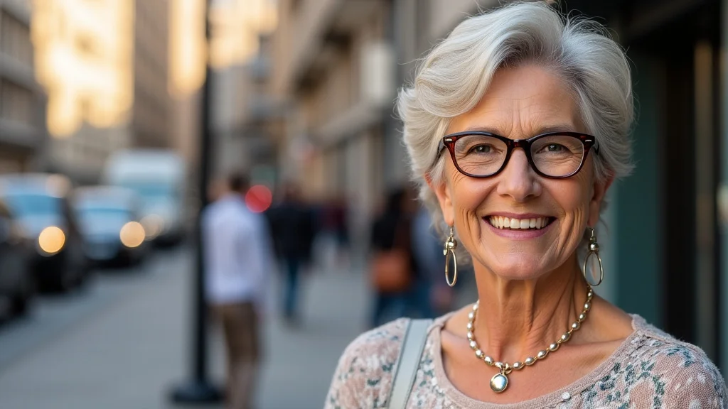 The image shows a confident, stylish woman over 50 wearing a chic, well-tailored outfit.