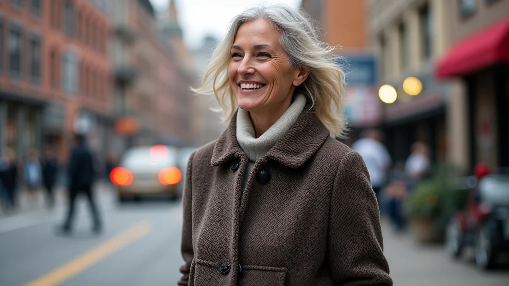 The image shows a woman over forty confidently wearing chic, easy-to-style fashion.